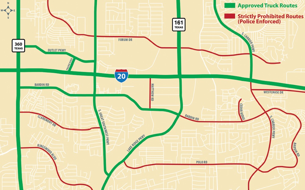 Map of truck routes in South Grand Prairie